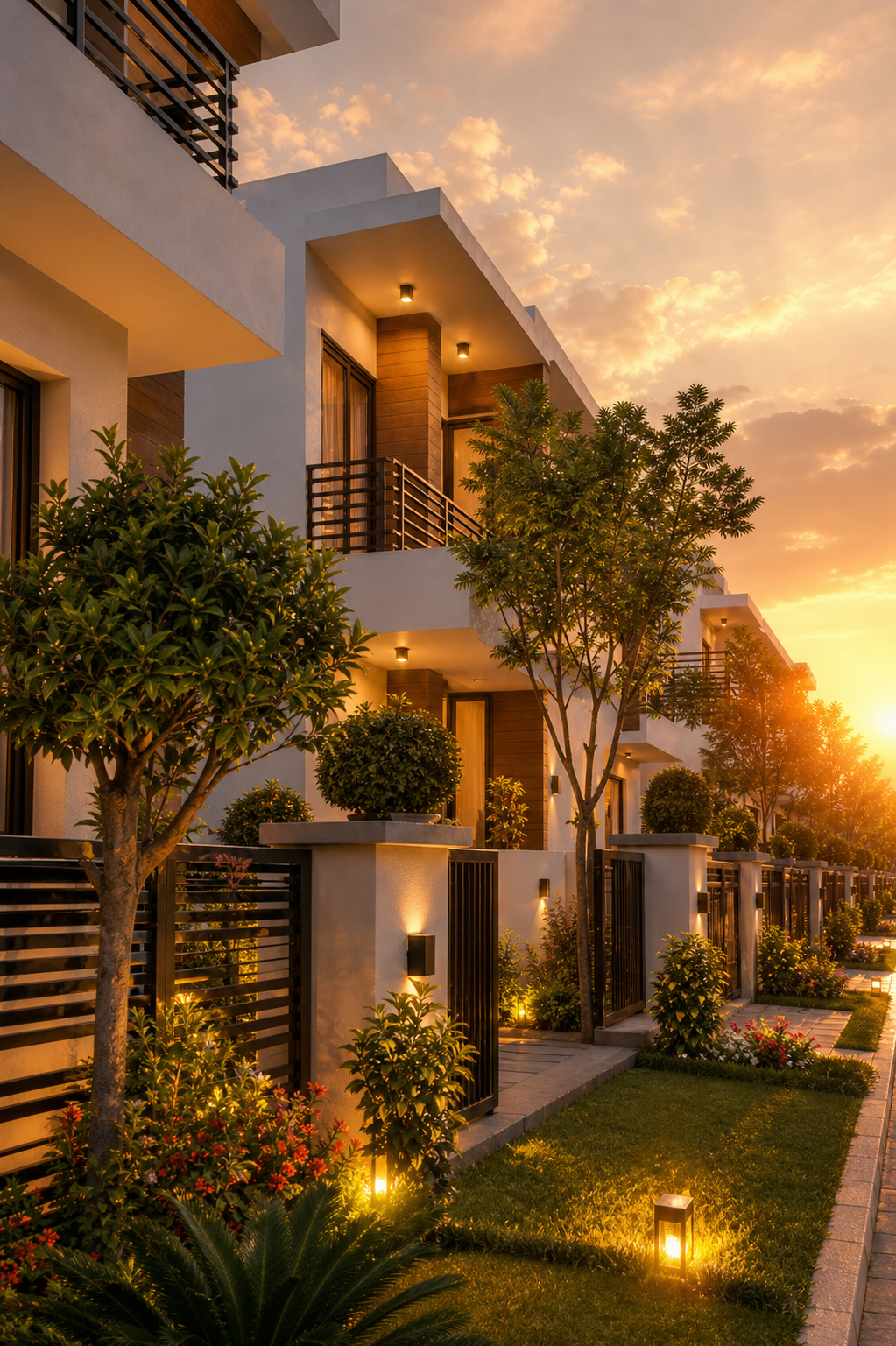 Modern Harikunj Villas landscaped residence at golden hour
